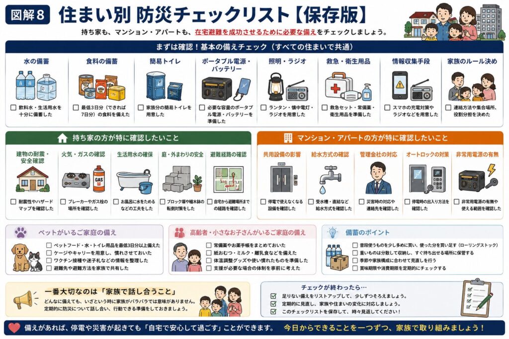 戸建て・マンション・アパートそれぞれで確認したい防災対策や、在宅避難に必要な備えをチェックリスト形式でまとめた保存版図解。