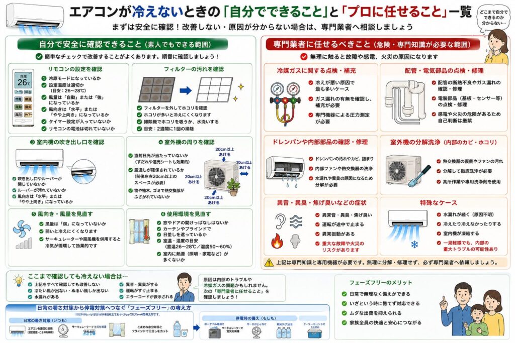 エアコンが冷えない時に、自分で確認できる範囲と専門業者へ任せるべき範囲を比較した図解です。リモコン設定やフィルター掃除、室外機周辺の確認など家庭で安全に点検できる内容と、冷媒ガスの点検・補充、配管や電気部品の修理、室内機の分解、水漏れや異音など専門的な診断が必要なケースをイラスト付きで分かりやすく紹介しています。