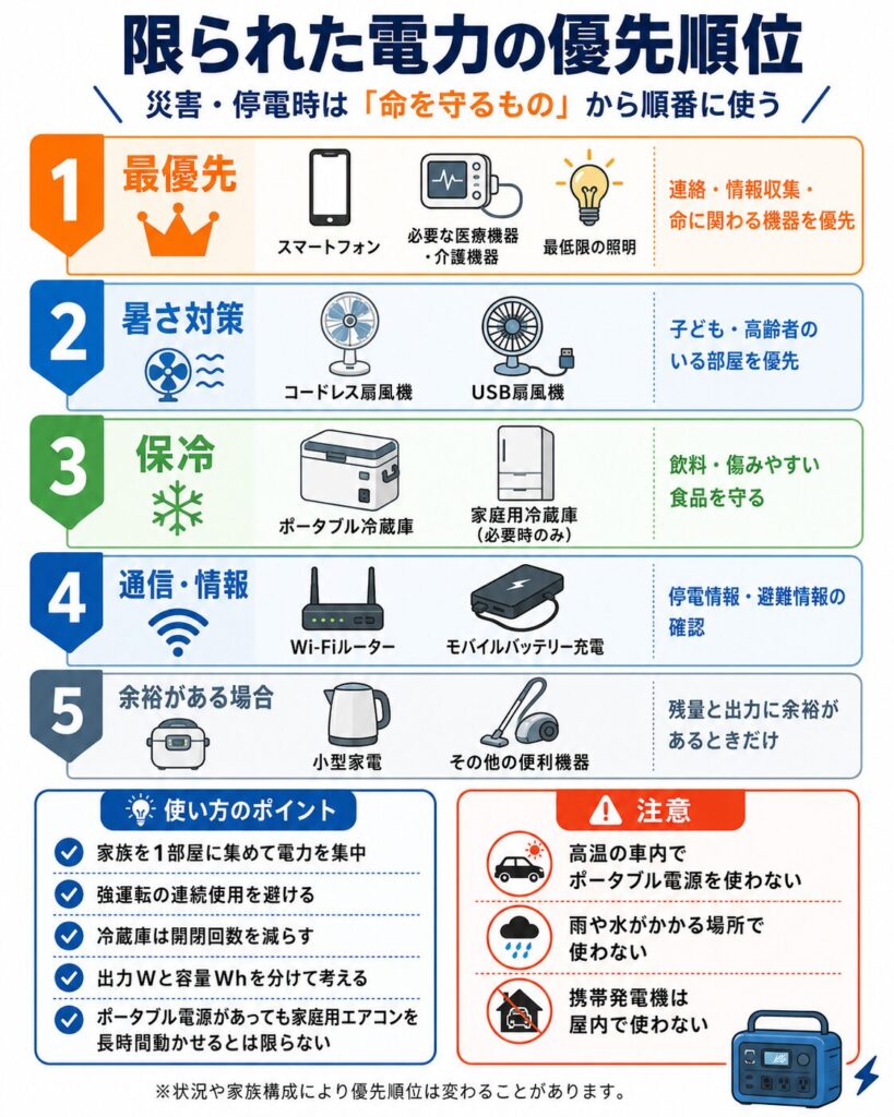 災害や停電時に、限られた電力をどの機器へ優先して使うかをまとめた図解。
最優先として、スマートフォン、必要な医療機器や介護機器、最低限の照明など、連絡、情報収集、命に関わる機器へ電力を使う流れを示している。
次に、子どもや高齢者が過ごす部屋を中心に、コードレス扇風機やUSB扇風機などの暑さ対策へ電力を配分することを説明している。
その後、飲料や傷みやすい食品を守るため、ポータブル冷蔵庫や必要に応じて家庭用冷蔵庫を優先する考え方を示している。
Wi-Fiルーターやモバイルバッテリーの充電など、停電情報や避難情報を得るための通信手段も確保するよう案内している。
炊飯器、電気ケトル、掃除機などの小型家電や便利機器は、ポータブル電源の残量と出力に余裕がある場合だけ使うことを示している。
家族を一部屋へ集めること、扇風機の強運転を続けないこと、冷蔵庫の開閉回数を減らすこと、出力Wと容量Whを分けて考えることも、電力を長持ちさせるポイントとしてまとめている。
また、高温の車内、雨や水がかかる場所ではポータブル電源を使用せず、携帯発電機は屋内や車内で使用しないよう注意を示している。
ポータブル電源があっても、家庭用エアコンを必ず長時間動かせるとは限らず、家族構成や体調、停電の状況によって優先順位を変える必要があることも説明している。