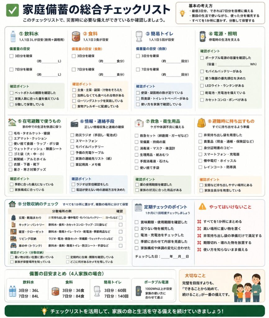 家庭で備えておきたい防災用品を、水、食料、簡易トイレ、電源・照明、在宅避難用品、情報・連絡手段、救急・衛生用品、非常持ち出し品、分散収納の項目に分けてまとめた総合チェックリスト図解。
飲料水は1人1日3リットル、食料は1人1日3食、簡易トイレは1人1日5回を一つの目安として、3日分から7日分を家族人数に合わせて計算する内容を示している。
電源と照明では、ポータブル電源、モバイルバッテリー、LEDランタン、乾電池などを確認し、停電時に使用する機器の優先順位を家族で決めるよう案内している。
在宅避難用品として、毛布、タオルケット、使い捨て食器、ラップ、ごみ袋、暑さ・寒さ対策用品などをまとめている。
情報と連絡手段では、防災ラジオ、スマートフォン、充電ケーブル、家族の連絡先、筆記用具などを確認する内容を示している。
救急・衛生用品では、救急セット、常備薬、マスク、体温計、生理用品、紙おむつ、手指衛生用品、使い捨て手袋などを、家族構成や体調に合わせて準備するよう説明している。
避難時に持ち出す物として、非常持ち出し袋、現金、通帳、保険証などの重要書類、身分証明書のコピー、懐中電灯、雨具などをまとめている。
備蓄品は玄関、キッチン、寝室、リビング収納、車などへ分散し、重い物は低い位置へ置き、家族全員で保管場所を共有することを示している。
賞味期限、使用期限、充電状態、季節用品を定期的に確認し、使った分を補充するローリングストックを続けることも案内している。
4人家族の目安として、飲料水は3日分36リットル・7日分84リットル、食料は3日分36食・7日分84食、簡易トイレは3日分60回・7日分140回を示している。
必要量は年齢、体調、季節、地域、住宅環境によって変わるため、完璧を目指さず、まずは3日分から無理なく備えを始めることが大切であるとまとめている。