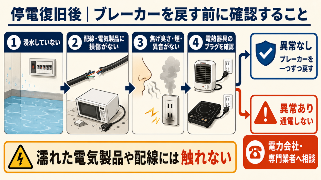 停電復旧後にブレーカーを戻す前に、浸水、配線や電気製品の損傷、焦げ臭さ・煙・異音、電熱器具のプラグを確認する手順をまとめた図解