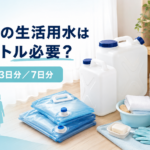 給水タンクや備蓄水、衛生用品を準備し、災害時に必要な生活用水の量を確認する4人家族のイメージ
