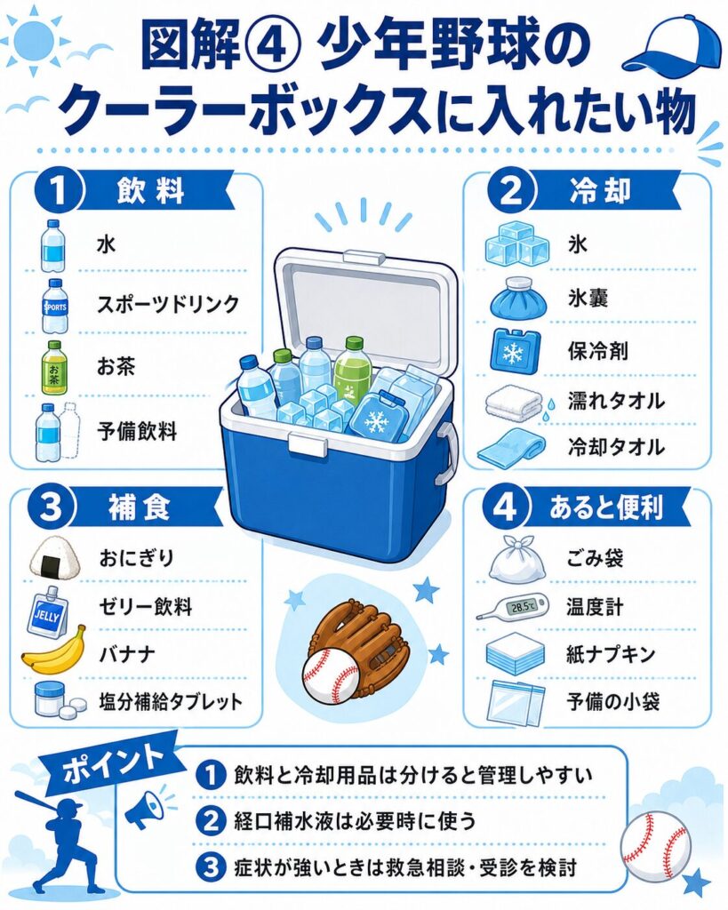 少年野球のクーラーボックスに入れたい物をまとめた図解。
飲料として水、スポーツドリンク、必要に応じた経口補水液。
冷却用として氷、氷嚢、保冷剤、濡れタオル。
補食としてゼリー飲料、おにぎり、サンドイッチ、塩分補給ができる食品。
そのほか、保護者用の飲料、ごみ袋、庫内温度計などを整理し、用途ごとに分かりやすく示している。