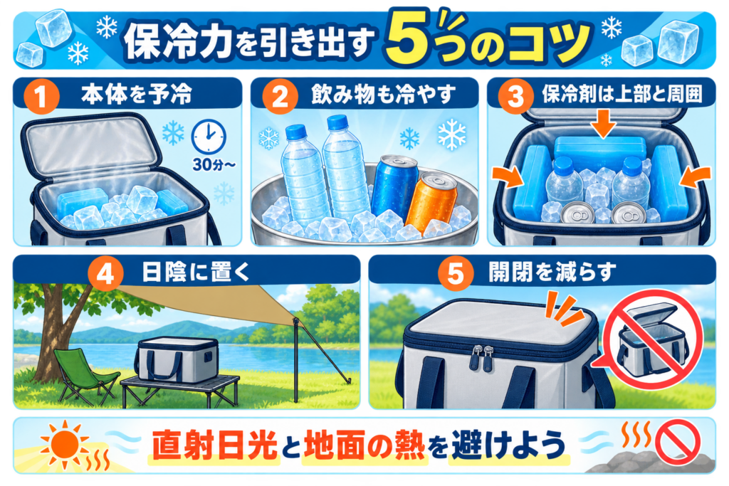 クーラー本体を予冷する、飲み物を冷やす、保冷剤を上部と周囲へ置く、日陰に置く、開閉を減らすという保冷力を高める5つの方法