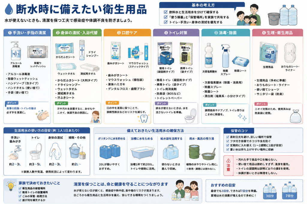 断水時に備えたい衛生用品を、手洗い、身体の清拭、口腔ケア、トイレ、消毒、生理用品に分けてまとめた図解。
手洗い用として、アルコール消毒液、除菌ウェットティッシュ、ハンドソープ、使い捨て手袋などを紹介している。
身体の清拭用として、大判の身体拭きシート、ウェットタオル、清拭用タオル、ドライシャンプーなどを示している。
口腔ケア用品として、歯磨きシート、個包装のマウスウォッシュ、液体歯磨き、歯間ブラシなどを紹介している。
トイレ対策として、凝固剤入りの簡易トイレ、携帯トイレ、トイレ用消臭剤、防臭袋、トイレットペーパーなどを挙げている。
そのほか、除菌スプレー、除菌シート、生理用品、おりものシート、使い捨てショーツ、防臭袋なども備える例を示している。
生活用水は飲料水とは別に確保し、ポリタンク、給水袋、浴槽のくみ置き水などを用途に応じて使い分けることを案内している。
衛生用品は直射日光を避け、ふた付き容器へ保管し、家族で保管場所と使用方法を共有することも示している。
必要量は家族人数、年齢、体調、使用状況によって変わるため、最低3日分、できれば7日分を目安に家庭に合わせて調整する必要がある。
