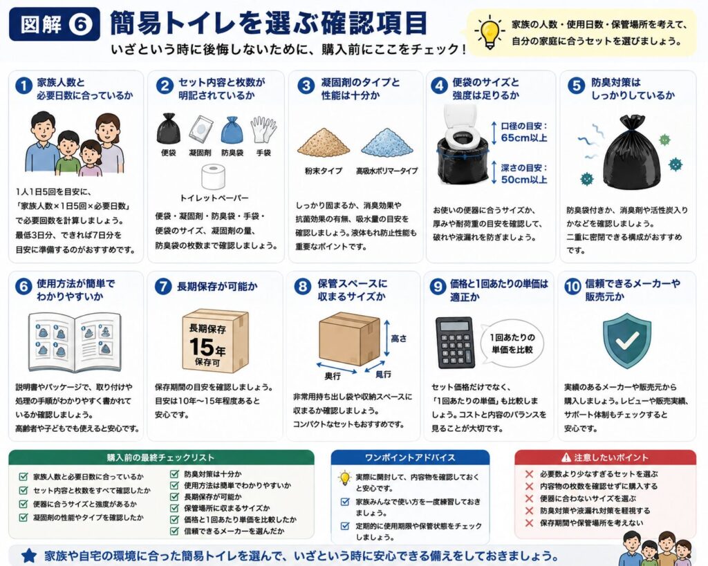 簡易トイレを購入する前に確認したい項目を、10のポイントに分けてまとめた図解。
家族人数と備蓄日数から必要回数を計算し、最低3日分、できれば7日分を準備する考え方を示している。
便袋、凝固剤、防臭袋、使い捨て手袋などのセット内容と、それぞれの枚数が明記されているか確認するよう案内している。
凝固剤の種類、吸収量、固まるまでの時間、消臭性能、抗菌性能、液漏れ防止性能などを確認する必要があることを示している。
便袋は自宅の洋式便器に合う大きさか、破れにくい厚さや強度があるかを確認する。
防臭袋の有無と枚数、二重に密閉できる構成かどうかも選定項目としている。
日本語の説明書があり、袋の取り付け方、凝固剤を使うタイミング、使用後の処理方法が分かりやすいか確認する。
保存期間だけでなく、未開封、保管温度、包装状態などの保存条件もメーカー公式情報で確認する。
箱の高さ、幅、奥行きを確認し、トイレの近くや収納場所へ無理なく保管できる商品を選ぶ。
セット価格だけでなく、1回当たりの価格も比較し、必要数と内容物のバランスを判断する。
製造元、販売元、問い合わせ先、性能試験、サポート体制などが明記された信頼できる商品を選ぶよう案内している。
商品の回数、便袋、防臭袋、保存期間、性能、付属品は変更される場合があるため、購入時に最新情報を確認することも示している。