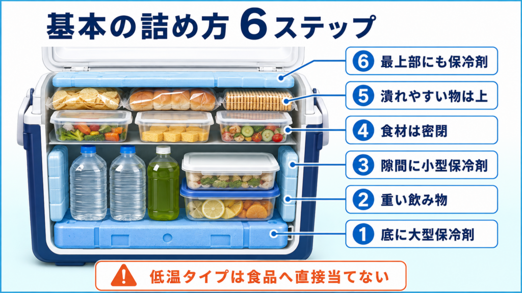 底の大型保冷剤から重い飲み物、密閉した食材、潰れやすい物、最上部の保冷剤まで、クーラーボックスへ入れる順番を示した図解