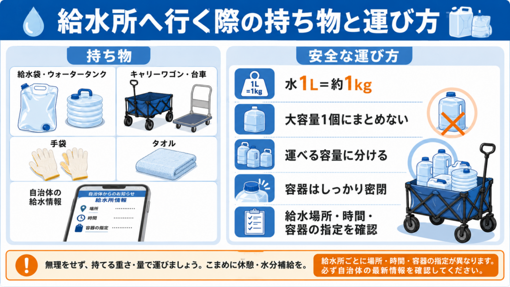 給水所へ行く際に必要な給水バッグ・ウォータータンク・キャリーワゴン・台車・手袋・タオルと、水1リットル約1キログラムを考慮して運べる容量に分ける方法を示した図解