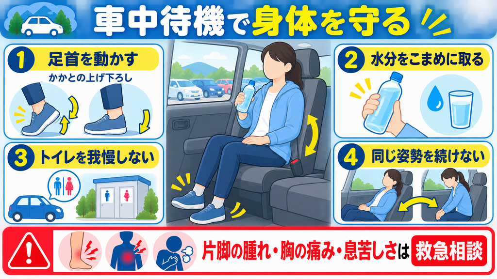 車中待機中に足首を動かす、水分をこまめに取る、トイレを我慢しない、同じ姿勢を続けない対策を示した図解