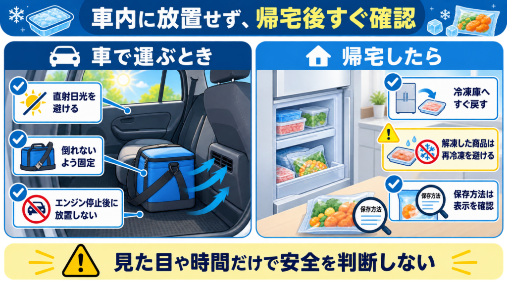車内で保冷バッグを直射日光から避けて固定し、帰宅後に冷凍食品の状態と保存表示を確認する流れ