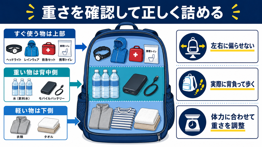 防災リュックの上部へすぐ使う物、背中側へ重い物、下側へ軽い物を配置し、体力に合わせて重さを調整する方法を示した図解