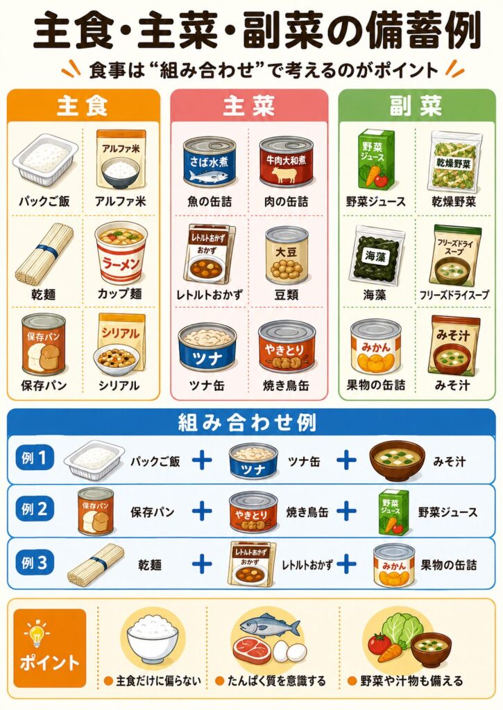 災害用の食料を、主食、主菜、副菜に分けて備える方法をまとめた図解。
主食の例として、パックご飯、アルファ米、乾麺、カップ麺、保存パン、シリアルを示している。
主菜の例として、魚の缶詰、肉の缶詰、レトルトのおかず、豆類、ツナ缶、焼き鳥缶を紹介している。
副菜の例として、野菜ジュース、乾燥野菜、海藻、フリーズドライスープ、果物の缶詰、みそ汁を示している。
一食の組み合わせ例として、パックご飯とツナ缶とみそ汁、保存パンと焼き鳥缶と野菜ジュース、乾麺とレトルトおかずと果物の缶詰を紹介している。
災害時の食事が主食だけに偏らないよう、たんぱく質、野菜、汁物も組み合わせて備える重要性を案内している。
食品の内容は、年齢、体調、食欲、食物アレルギー、持病による食事制限などに合わせて調整する必要があることも示している。
