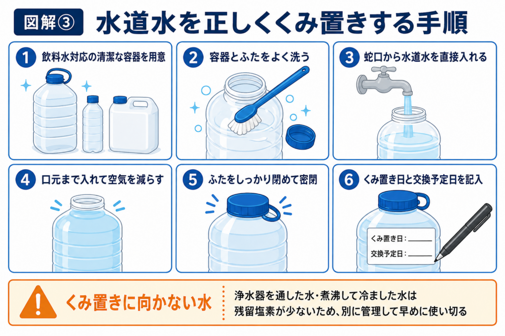 清潔な飲料水用容器を用意し、蛇口から直接水道水を口元まで入れて密閉し、日付を記録して冷暗所へ保管する手順
