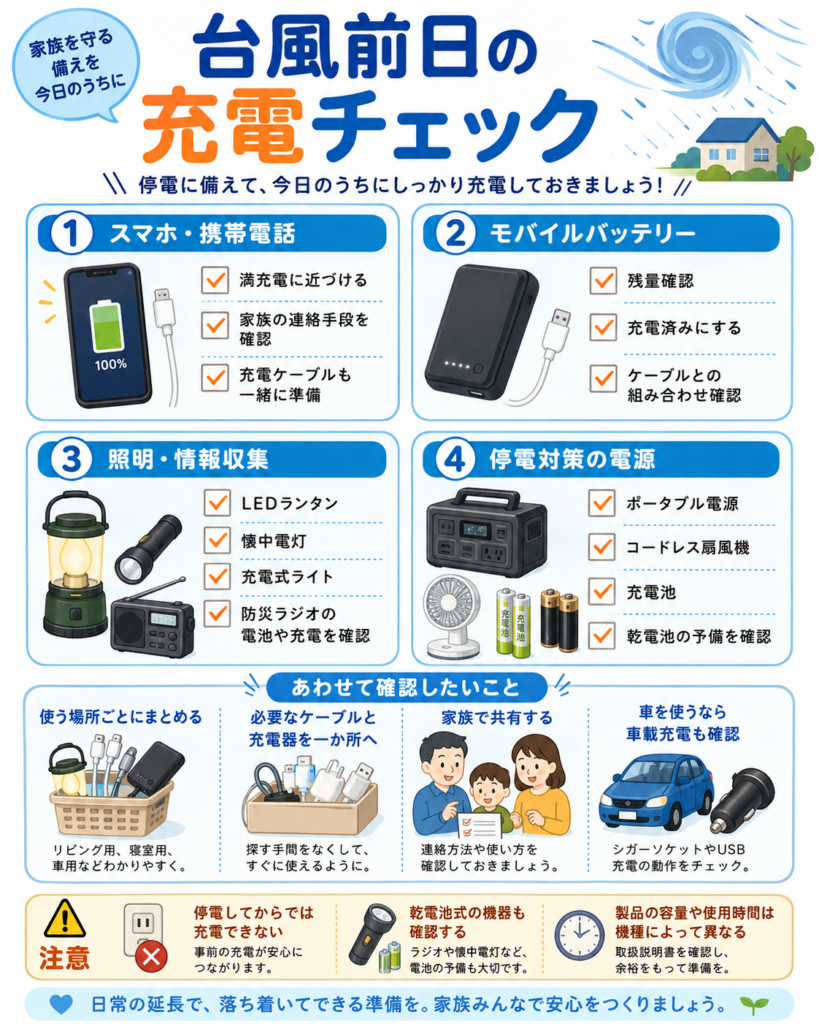 台風前日に確認したい充電機器と停電対策用品をまとめた図解。
スマートフォンと携帯電話は満充電に近づけ、家族の連絡手段と充電ケーブルを確認する。
モバイルバッテリーは残量を確認して充電し、使用する機器とケーブルの組み合わせも確認する。
照明と情報収集用品として、LEDランタン、懐中電灯、充電式ライト、防災ラジオの電池や充電状態を点検する。
停電対策の電源として、ポータブル電源、コードレス扇風機、充電池、予備の乾電池を準備する。
ケーブルと充電器は使う場所ごとにまとめ、家族で連絡方法や機器の使い方を共有する。
車を使用する場合は、シガーソケットやUSBによる車載充電が正常に使えるか確認する。
停電後は充電できない可能性があるため、台風が接近する前に充電を済ませること、乾電池式の機器もあわせて確認することを案内している。
製品ごとに容量や使用可能時間が異なるため、取扱説明書を確認し、余裕を持って準備する必要がある。