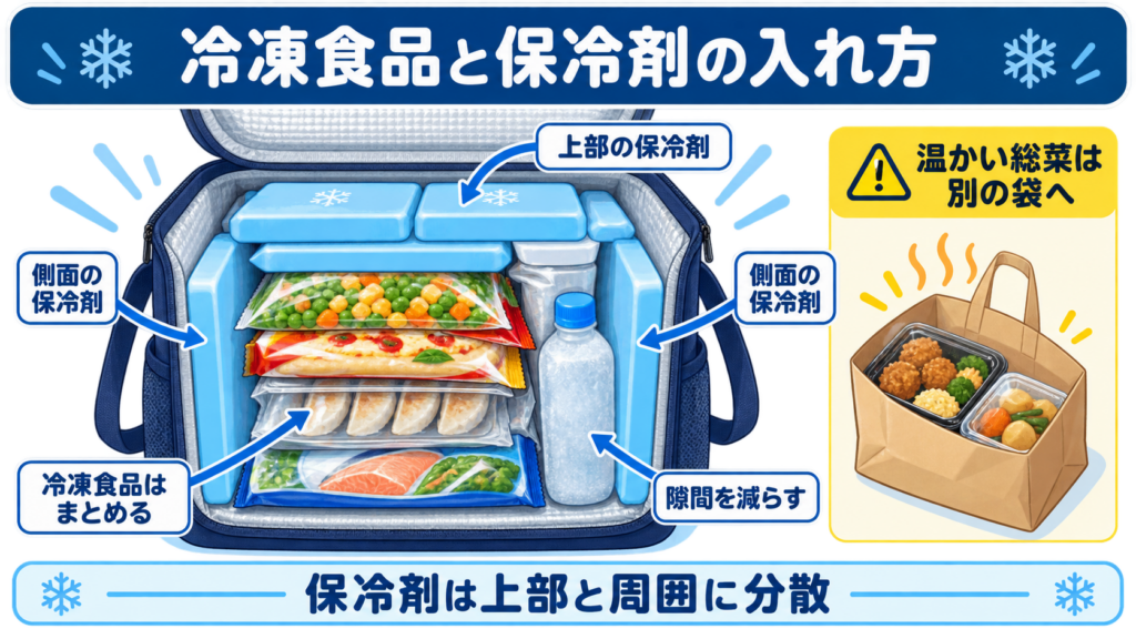冷凍食品をまとめ、保冷剤を上部と側面に配置して隙間を減らした保冷バッグの詰め方
