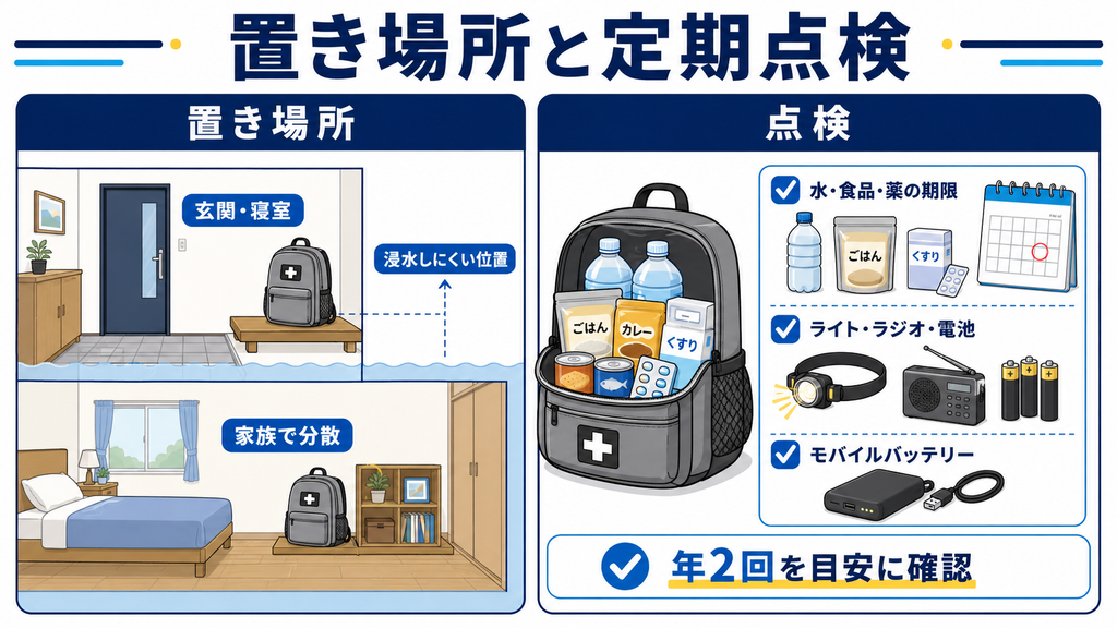 防災リュックを玄関や寝室、浸水しにくい位置へ分散して置き、水や食品、薬、ライト、電池などを年2回点検する方法を示した図解