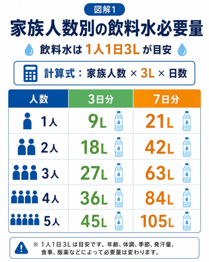 家族人数別に必要な飲料水の量を、3日分と7日分で比較した図解。
飲料水は1人1日3リットルを一つの目安として、「家族人数×3リットル×備蓄日数」で計算する方法を示している。
1人分は3日で9リットル、7日で21リットル。
2人分は3日で18リットル、7日で42リットル。
3人分は3日で27リットル、7日で63リットル。
4人分は3日で36リットル、7日で84リットル。
5人分は3日で45リットル、7日で105リットルとなる目安を一覧にしている。
必要量は年齢、体調、季節、発汗量、食事内容、服薬などによって変わるため、少し余裕を持って備える必要があることも示している。
