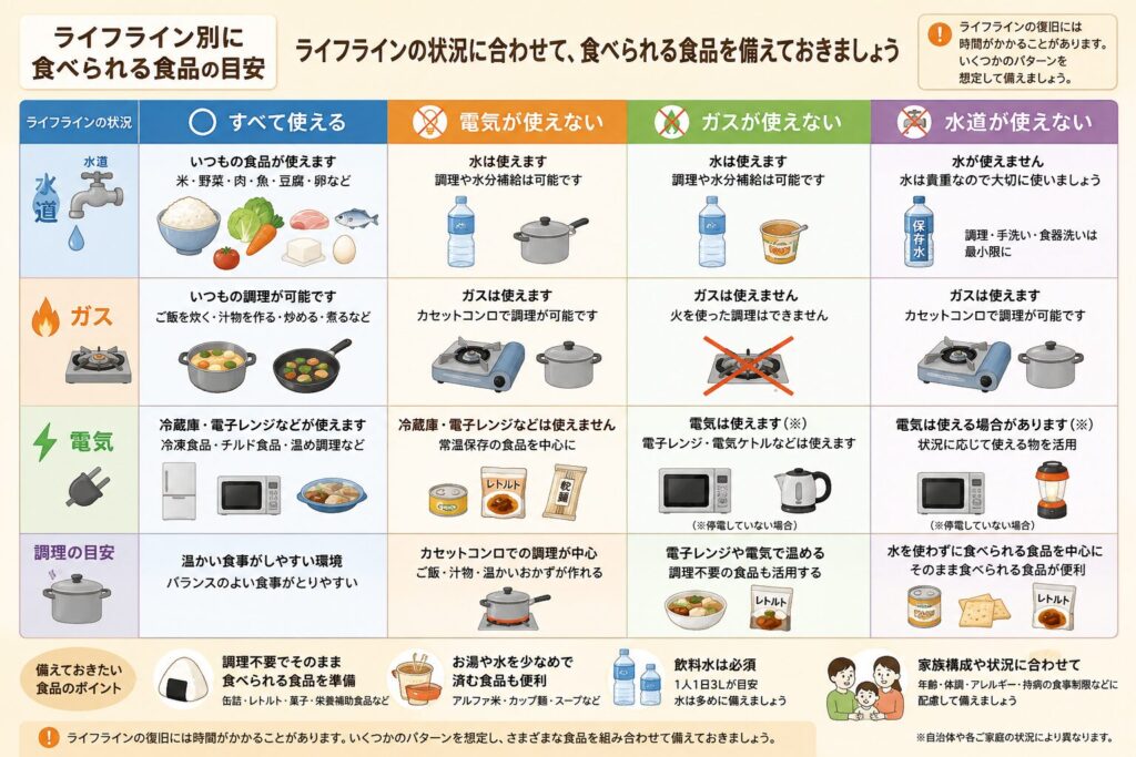 電気、ガス、水道の使用状況に応じて、災害時に食べやすい食品や調理方法を比較した図解。
すべてのライフラインが使える場合は、普段の食品や冷蔵・冷凍食品を調理できることを示している。
停電時は冷蔵庫や電子レンジを使えない可能性があるため、缶詰、レトルト食品、乾麺などを中心に、カセットコンロが安全に使える場合は短時間の加熱を行う。
ガスが使えない場合は、電気が使える状況であれば電子レンジや電気ケトルを活用し、調理不要食品も組み合わせる。
断水時は飲料水を大切に使い、保存パン、クラッカー、缶詰、レトルト食品など、水を使わずそのまま食べられる食品を優先する。
調理不要食品、少量のお湯や水で食べられる食品、飲料水を組み合わせて備えることを案内している。
ライフラインの復旧には時間がかかる場合があるため、一つの調理方法だけに頼らず、複数の状況を想定して食品を準備する必要があることも示している。
