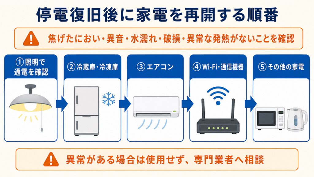 停電復旧後に家電を再開する順番として、照明で通電を確認し、冷蔵庫・冷凍庫、エアコン、Wi-Fi・通信機器、その他の家電を順番に確認する流れをまとめた図解