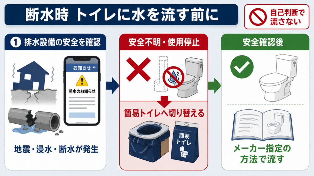 断水時は排水設備の安全を確認し、安全不明または使用停止の場合は簡易トイレへ切り替え、安全確認後にメーカー指定の方法で流す手順