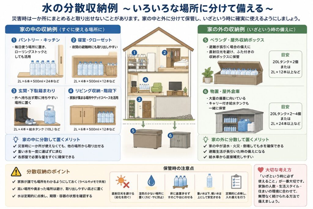 災害用の飲料水を一か所へまとめず、家の中や屋外収納など複数の場所へ分けて保管する方法をまとめた図解。
キッチンやパントリーには、普段使う2リットルの水を置き、ローリングストックしながら補充する例を示している。
寝室やクローゼットには、夜間の地震や閉じ込めに備えて、2リットルと500ミリリットルの水を少量保管する。
玄関や下駄箱周辺には、避難時に持ち出しやすい500ミリリットルの水や給水タンクを準備する。
リビング収納や階段下には、家族が集まる場所で使う在宅避難用の水を保管する例を示している。
浸水リスクがある住宅では、1階だけでなく2階にも水を分けて備えることを案内している。
屋外収納や物置へ保管する場合は、直射日光、高温、湿気を避け、商品の保管条件を確認する必要がある。
重い水は高い棚へ置かず、床に近い安定した位置へ置き、出入口や避難経路をふさがないよう注意する。
家族全員が保管場所と本数を把握できるよう、ラベルや一覧表で共有し、賞味期限、容器の変形、水漏れを定期的に点検することも示している。
