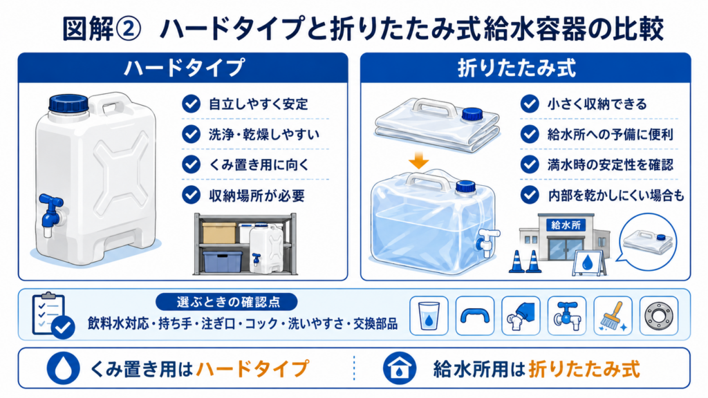 水道水の備蓄に使うハードタイプと折りたたみ式給水容器の特徴、メリット、注意点を比較した図