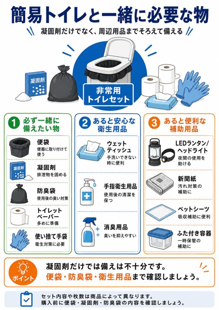 簡易トイレと一緒に備えておきたい用品を、必需品、衛生用品、補助用品に分けてまとめた図解。
必ず一緒に備えたい物として、便器へ取り付ける便袋、排泄物を固める凝固剤、使用後の臭いを抑える防臭袋、トイレットペーパー、使い捨て手袋を示している。
あると安心な衛生用品として、手洗いができないときに使うウェットティッシュ、手指衛生用品、消臭用品を紹介している。
補助用品として、夜間や停電時に使うLEDランタンやヘッドライト、汚れ対策に使う新聞紙、吸収を補助するペットシーツ、使用済み便袋を一時保管するふた付き容器をまとめている。
凝固剤だけでは、便器への取り付け、使用後の密閉、防臭、衛生管理まで対応できないため、便袋、防臭袋、衛生用品まで一緒に準備する必要があることを案内している。
セット内容や便袋、凝固剤、防臭袋の枚数は商品によって異なるため、購入前に内容物を確認することも示している。