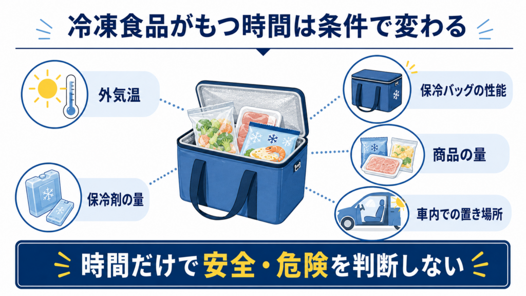 冷凍食品の持ち時間を左右する外気温、保冷バッグの性能、保冷剤の量、商品の量、車内での置き場所