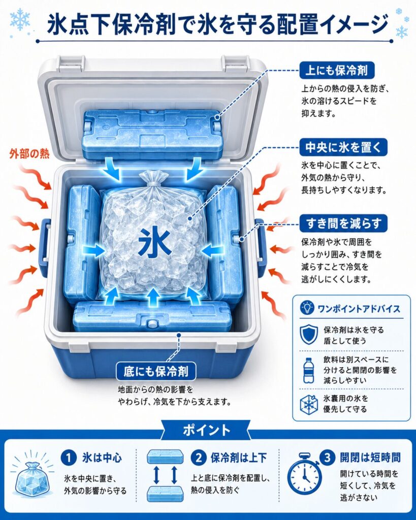 氷点下タイプの保冷剤を使い、クーラーボックス内の補充用氷を長く残す配置方法を示した図解。
袋入りの氷を中央へ置き、その上、下、左右へ保冷剤を配置して、外部から侵入する熱の影響を抑える。
保冷剤と氷の周囲に大きな隙間を作らず、冷気が逃げにくいように収納する方法を紹介している。
底へ置いた保冷剤は地面側から伝わる熱を抑え、上部の保冷剤はふた側から侵入する熱を受け止める役割を示している。
飲料を別のクーラーボックスへ分けることで開閉回数を減らし、氷嚢へ補充する氷を優先して保管する考え方も案内している。
実際に氷が残る時間は、外気温、クーラーボックスの断熱性能、氷と保冷剤の量、開閉回数、置き場所によって変わる。