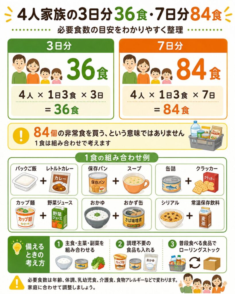 4人家族に必要な災害用食料の目安を、3日分36食と7日分84食で比較した図解。
必要食数は「家族4人×1日3食×備蓄日数」で計算し、3日分は36食、7日分は84食になることを示している。
84食とは84個の専用非常食を購入する意味ではなく、主食、主菜、副菜、飲料などを組み合わせて一食として考えることを説明している。
一食の組み合わせ例として、パックご飯とレトルトカレー、保存パンとスープ、缶詰とクラッカー、カップ麺と野菜ジュース、おかゆとおかず缶、シリアルと常温保存飲料を紹介している。
主食、主菜、副菜を組み合わせること、調理不要の食品も含めること、普段食べている食品をローリングストックすることを案内している。
必要量や食品の内容は、年齢、体調、食欲、乳幼児食、介護食、食物アレルギー、持病による食事制限などに合わせて調整する必要があることも示している。
