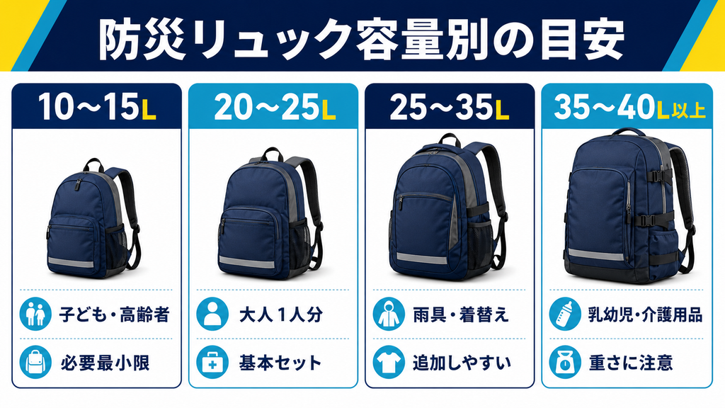 10~15L、20~25L、25~35L、35~40L以上の防災リュックについて、使用する人と収納できる物の目安を比較した図解