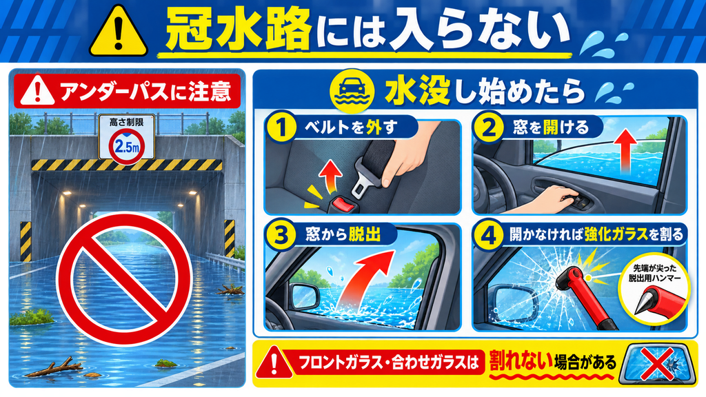 冠水したアンダーパスへ進入せず、車が水没し始めた場合はシートベルトを外し、窓を開け、窓から脱出する手順