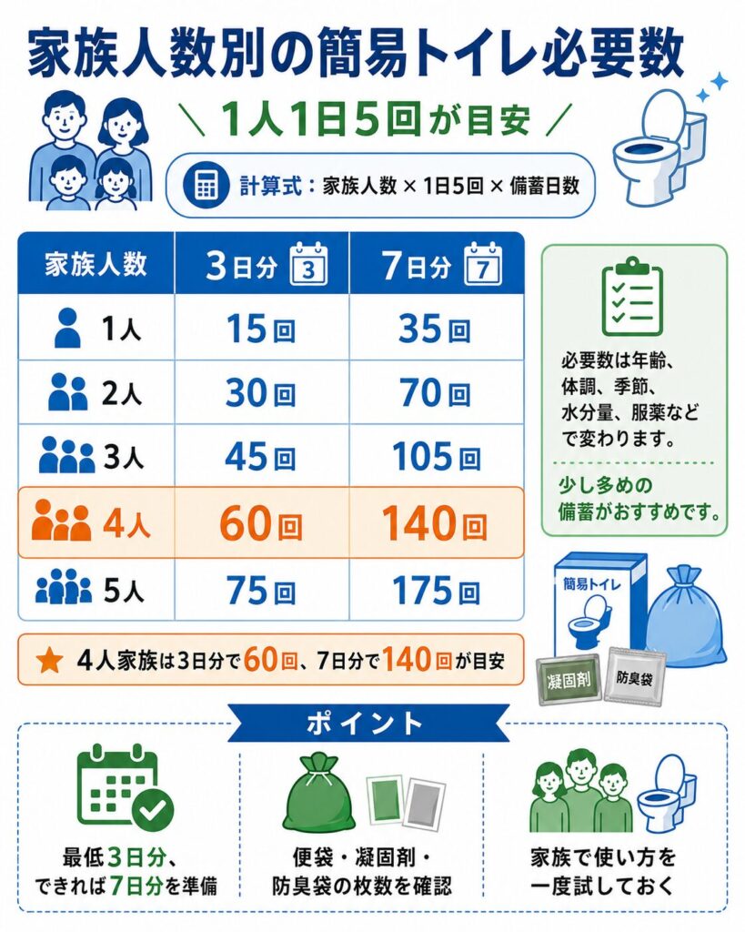 家族人数別に必要な簡易トイレの備蓄数を、3日分と7日分で比較した図解。
簡易トイレは1人1日5回を一つの目安として、「家族人数×1日5回×備蓄日数」で計算する方法を示している。
1人分は3日で15回、7日で35回。
2人分は3日で30回、7日で70回。
3人分は3日で45回、7日で105回。
4人分は3日で60回、7日で140回。
5人分は3日で75回、7日で175回となる目安を一覧にしている。
必要数は年齢、体調、季節、水分摂取量、服薬などによって変わるため、少し多めに備えることを案内している。
便袋、凝固剤、防臭袋の枚数を確認し、最低3日分、できれば7日分を準備して、家族で一度使い方を試しておくことも示している。