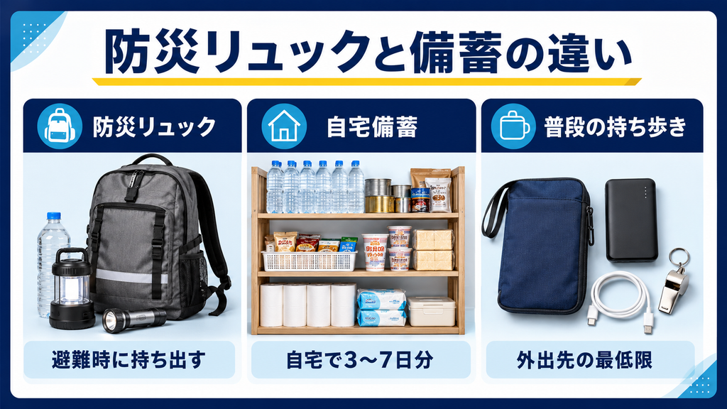 避難時に持ち出す防災リュック、自宅で3~7日分を備える自宅備蓄、外出先で使う普段の持ち歩き用品の違いを比較した図解