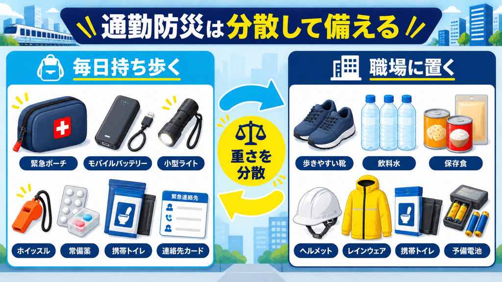 モバイルバッテリーや薬など毎日持ち歩く物と、水、非常食、運動靴、ヘルメットなど職場へ置く物を分けた図解