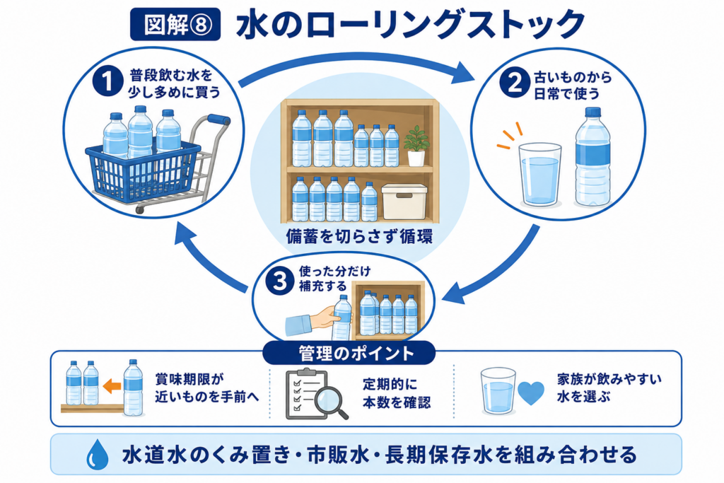 備蓄用の水を多めに購入し、古いものから日常的に使い、使った分を補充するローリングストックの流れ
