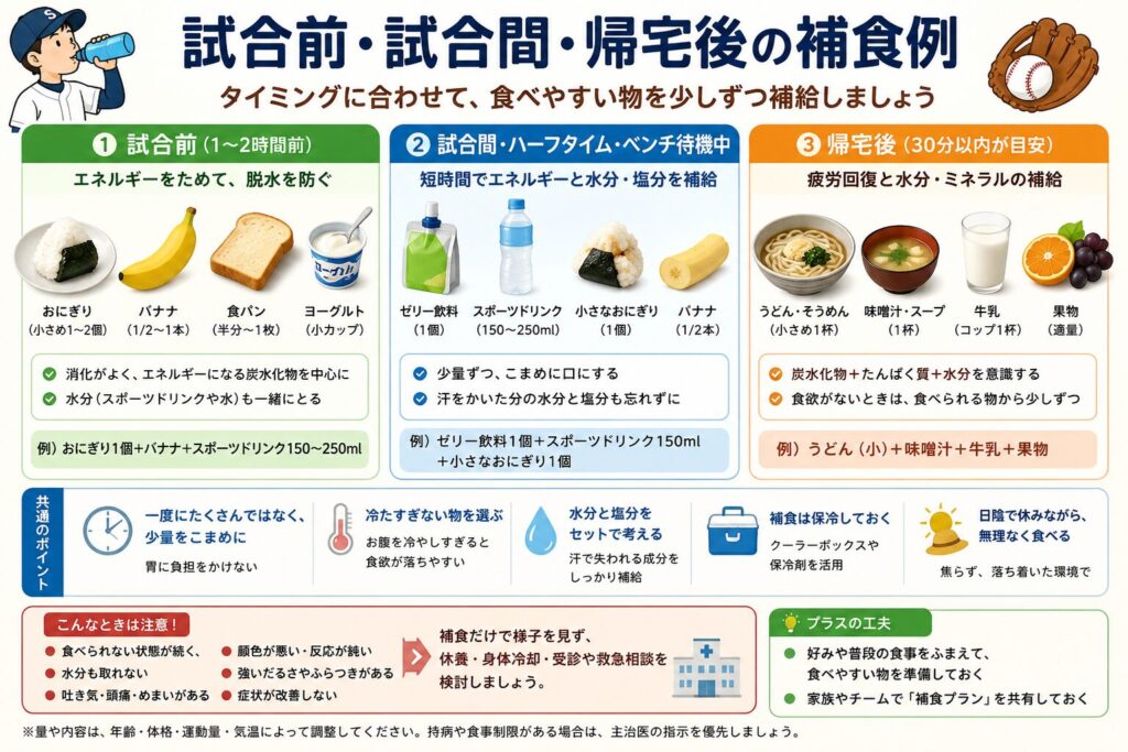 夏の少年野球で、試合前、試合間、帰宅後に食べやすい補食の例をまとめた図解。
試合前は、小さなおにぎり、バナナ、食パン、ヨーグルトなど、消化しやすく普段から食べ慣れている物を無理のない量で取る。
試合間やベンチ待機中は、ゼリー飲料、スポーツドリンク、小さなおにぎり、バナナなどを、休憩時間と体調に合わせて少量ずつ補給する。
帰宅後は、体調と食欲が落ち着いてから、うどんやそうめん、スープ、牛乳、果物などを組み合わせ、水分、糖質、たんぱく質を補う例を示している。
共通する注意点として、一度に大量に食べさせない、冷やしすぎない、補食をクーラーボックスで保冷する、日陰や涼しい場所で落ち着いて食べることを案内している。
食べられない状態が続く、水分も取れない、顔色が悪い、反応が鈍い、吐き気、頭痛、めまい、強いだるさなどがある場合は、補食だけで様子を見ず、休養、身体冷却、受診や救急相談を検討する必要があることも示している。
補食の量や内容は、年齢、体格、運動量、気温、体調、持病や食事制限に合わせて調整する。