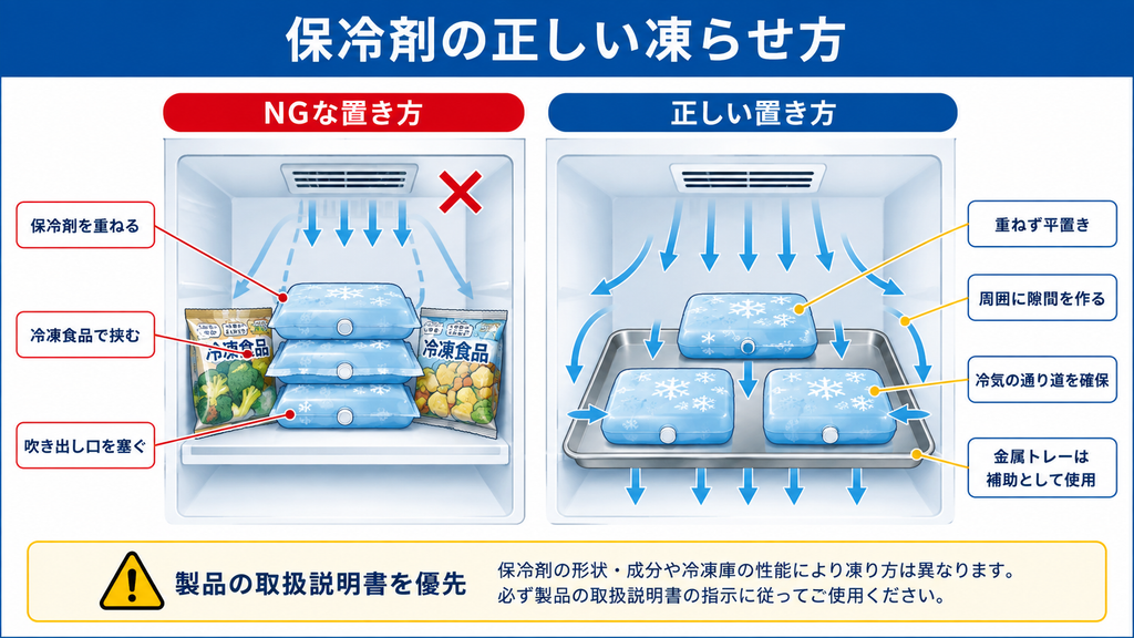 冷凍庫で保冷剤を重ねたり冷凍食品で挟んだりするNG例と、隙間を空けて平置きする正しい置き方を比較した図解