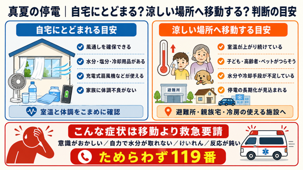 真夏の停電時に自宅にとどまれる条件、涼しい場所へ移動する目安、救急要請を優先する症状をまとめた判断図解