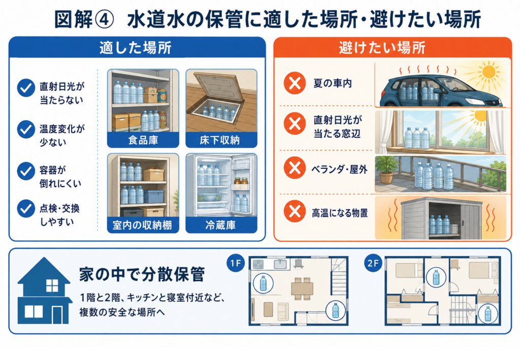 水道水の保管に適した家の中の冷暗所と、車内・ベランダ・高温になる物置など避けたい場所を比較した図