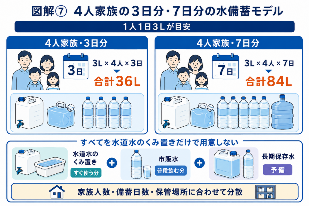 4人家族に必要な飲料水として、3日分36リットルと7日分84リットルを水道水、市販水、長期保存水に分散する備蓄例