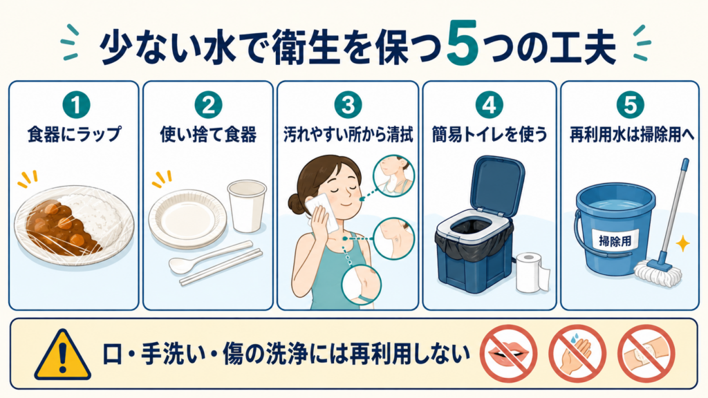 食器へのラップ、使い捨て食器、汚れやすい場所の清拭、簡易トイレ、再利用水の掃除への活用で生活用水を節約する5つの方法