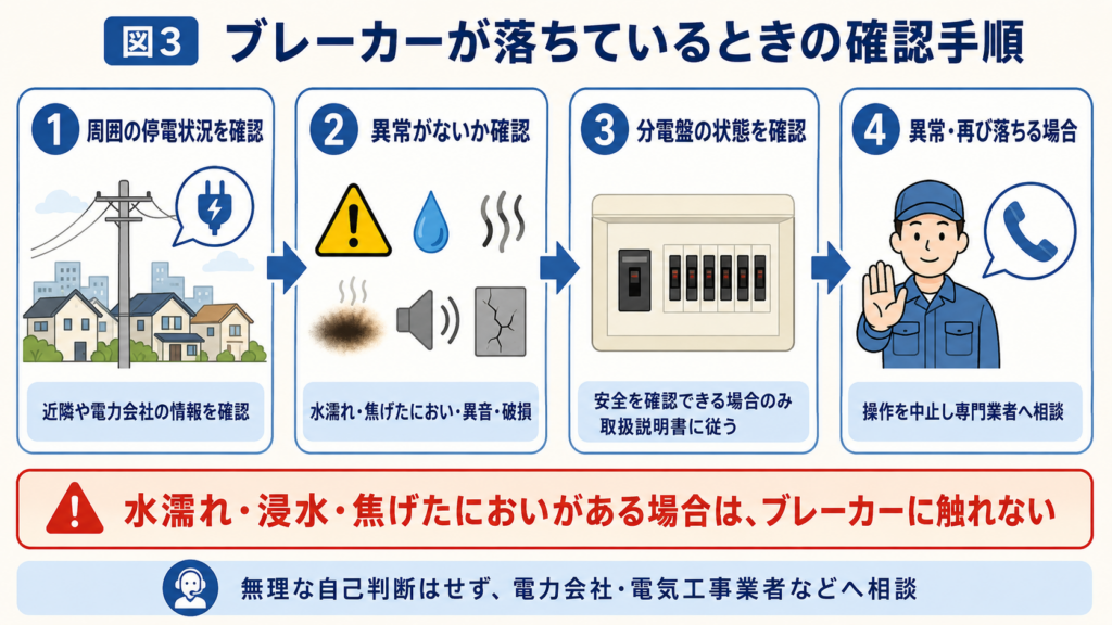 ブレーカーが落ちているときの確認手順として、周囲の停電状況、水濡れ・焦げたにおい・異音・破損、分電盤の状態を順番に確認し、異常時や再び落ちる場合は操作を中止して相談する流れをまとめた図解