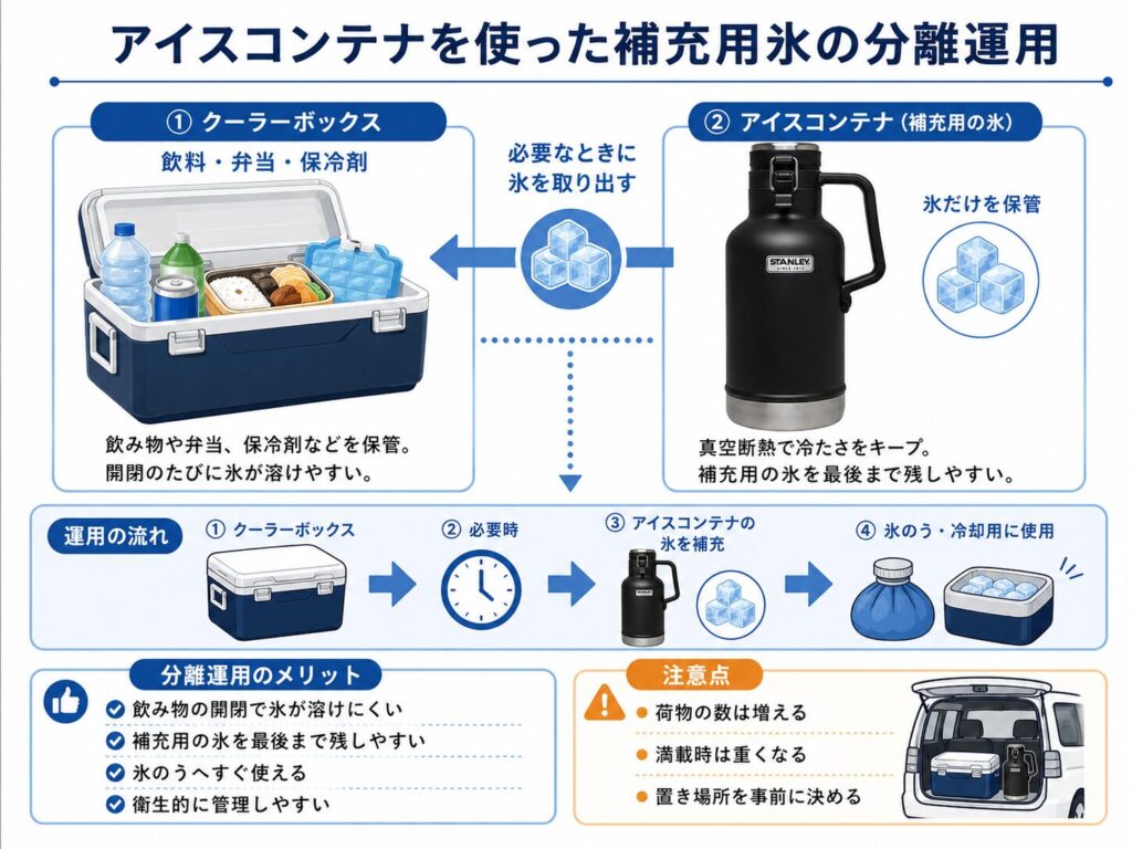 補充用の氷をクーラーボックスと分けて管理する方法を示した図。
左に飲料・弁当・保冷剤を入れるクーラーボックス、右に補充用の氷だけを入れるアイスコンテナを配置し、必要なときに氷を取り出して氷嚢や冷却用に使う流れを紹介している。
下部では、分離運用のメリットとして「飲み物の開閉で氷が溶けにくい」「補充用の氷を最後まで残しやすい」「氷のうへすぐ使える」「衛生的に管理しやすい」を示し、注意点として「荷物の数は増える」「満載時は重くなる」「置き場所を事前に決める」をまとめている。