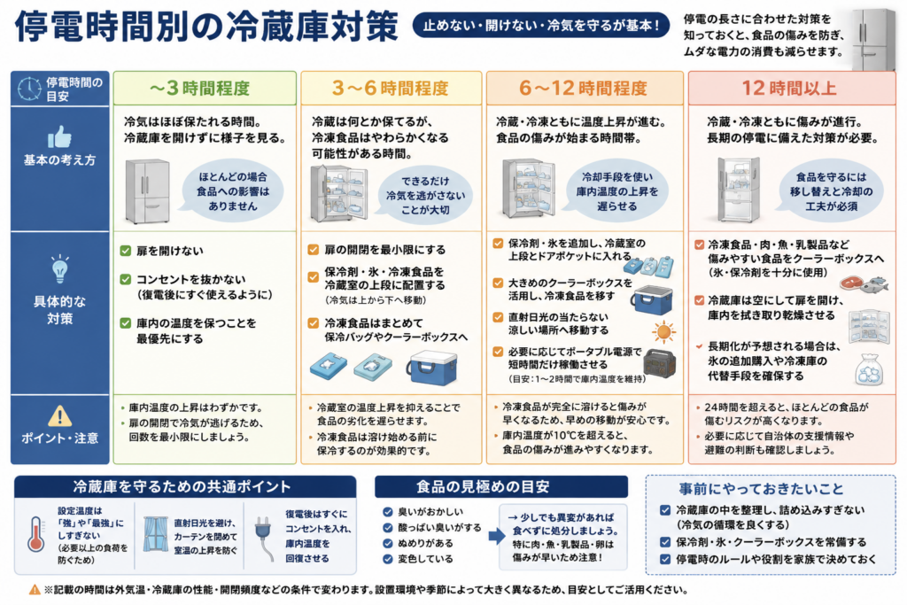停電時間の長さに応じた冷蔵庫と食品の対策を、3時間程度まで、3時間から6時間程度、6時間から12時間程度、12時間以上に分けて示した図解。
停電直後は冷蔵庫の扉を開けず、コンセントも抜かず、庫内の冷気をできるだけ保つことを基本としている。
3時間から6時間程度では、扉の開閉を最小限にし、保冷剤や氷、冷凍食品を冷蔵室の上部へ配置する方法を紹介している。
6時間から12時間程度では、傷みやすい食品を保冷剤入りのクーラーボックスへ移し、直射日光を避け、必要に応じてポータブル電源を短時間使用する方法を示している。
12時間以上では、生肉、魚、乳製品など傷みやすい食品を優先して移し、長期化が予想される場合は氷の追加購入や冷凍庫の代替手段を検討する。
食品に異臭、酸っぱいにおい、ぬめり、変色などの異常がある場合は食べないことも案内している。
実際の保冷時間や食品の状態は、外気温、冷蔵庫の性能、中身の量、扉の開閉回数、停電前の庫内温度によって変わるため、時間は目安として考える必要がある。
