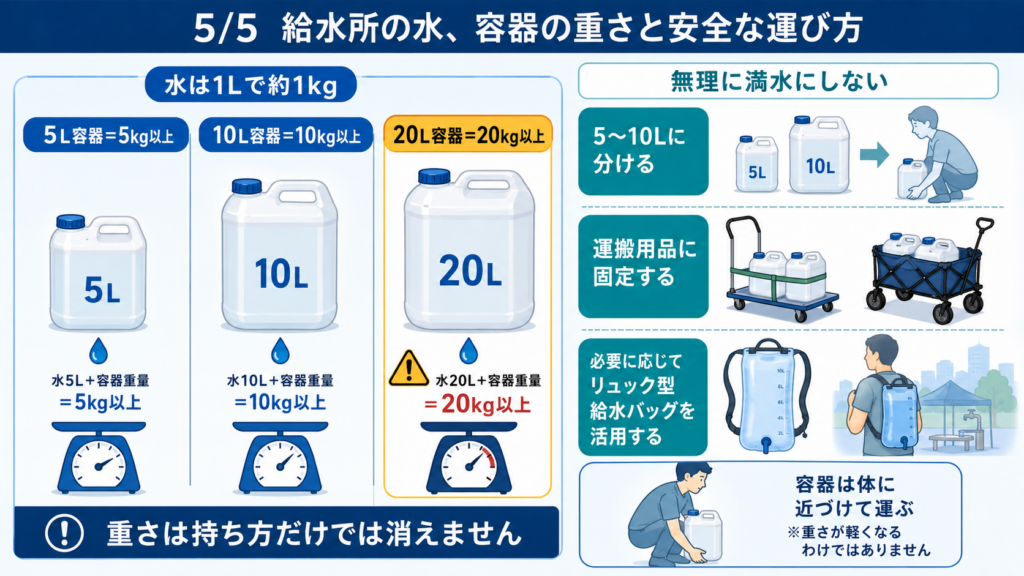 水は1Lで約1kgあり、5L容器は5kg以上、10L容器は10kg以上、20L容器は20kg以上になることと、容器を分けて運搬用品へ固定する方法を示した図解