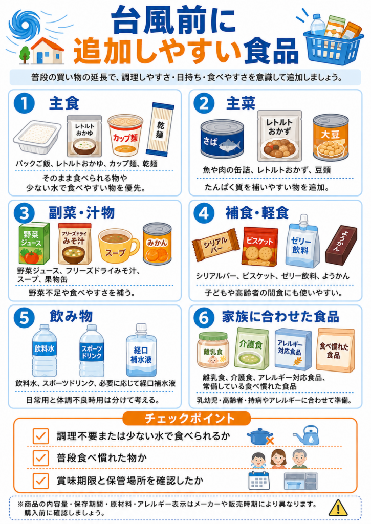 台風接近前に追加しやすい食品をまとめた図解。
常温で保存しやすい食品として、パックご飯、レトルト食品、缶詰、カップ麺、乾麺、即席スープ、栄養補助食品、お菓子、ゼリー飲料などを分類して紹介している。
加熱不要で食べやすい物、少ない水で調理できる物、家族の好みに合わせて追加しやすい物を分かりやすく整理した内容。
日常の買い足し感覚で備えやすい食品の例がひと目で分かる図解。