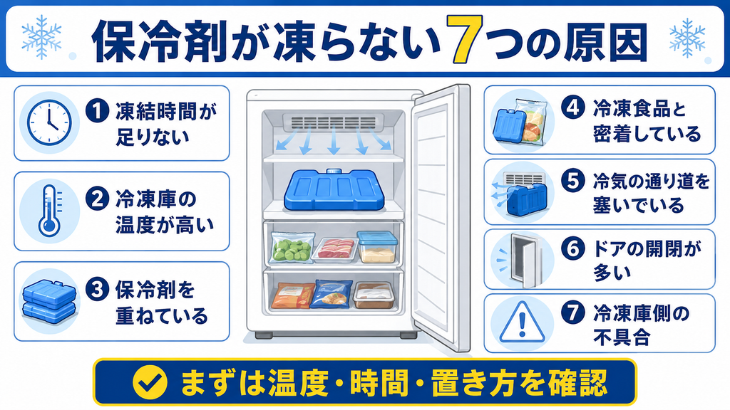 保冷剤が凍らない原因として、凍結時間不足、冷凍庫の温度、重ね置き、冷気の通り道など7項目を示した図解