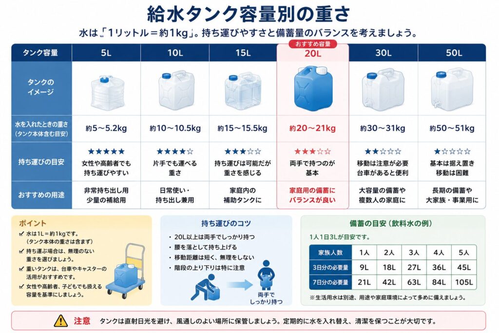 給水タンクの容量別に、水を入れたときのおおよその重さと持ち運びやすさを比較した図解。
水は1リットルで約1キログラムとして、容器本体を含む目安を示している。
5リットルは約5キログラムから5.2キログラム。
10リットルは約10キログラムから10.5キログラム。
15リットルは約15キログラムから15.5キログラム。
20リットルは約20キログラムから21キログラム。
30リットルは約30キログラムから31キログラム。
50リットルは約50キログラムから51キログラムになる。
容量が大きいほど一度に多くの水を確保できる一方、持ち運びの負担や転倒、腰や肩を痛める危険が高くなることを示している。
高齢者、子ども、妊娠中の人、腰や膝に不安がある人は、5リットルや10リットルなど小さな容器へ分ける方法を案内している。
20リットル以上のタンクを運ぶ場合は、両手で持つ、腰を落として持ち上げる、移動距離を短くする、台車やキャリーカートを使うなどの対策が必要である。
給水タンクは容量だけで選ばず、家族が実際に水を入れた状態で安全に運べる重さか確認することを示している。
