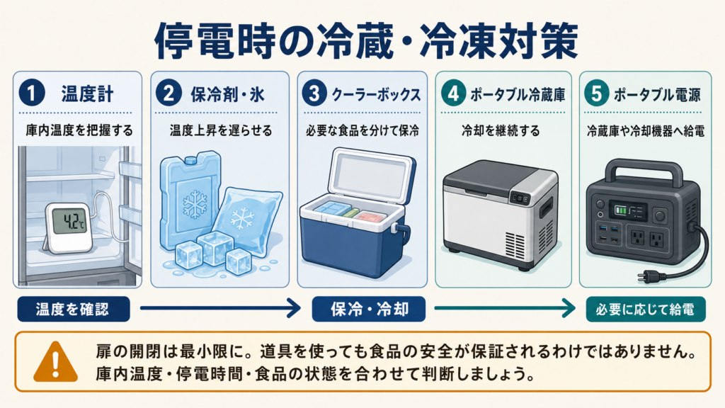 停電時の冷蔵・冷凍対策として、温度計で庫内温度を把握し、保冷剤や氷で温度上昇を遅らせ、クーラーボックスで必要な食品を分けて保冷し、ポータブル冷蔵庫で冷却を継続し、ポータブル電源で冷蔵庫や冷却機器へ給電する役割分担をまとめた図解